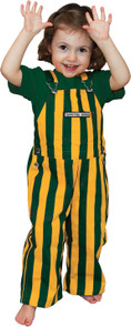 A little girl wearing striped Green & Yellow Toddler Game Bib Overalls