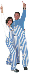 A man and woman wearing striped light blue & white game bib overalls.