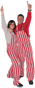A man and woman wearing striped scarlet & grey game bib overalls