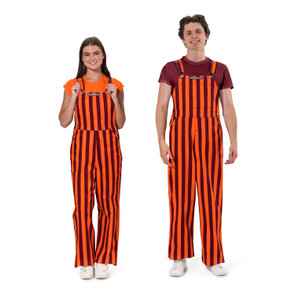 A man and women wearing striped maroon & orange game bib overalls. A man and women wearing striped maroon & orange game bib overalls.