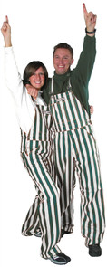 Man and woman with green & white striped game bib overalls.