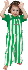 A little girl wearing striped Kelly Green & White toddler game bib overalls.