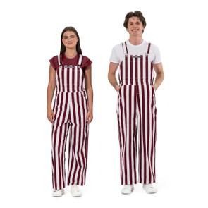 Fans in stripe-patterned burgundy and white bib overalls cheering in stadium student section.