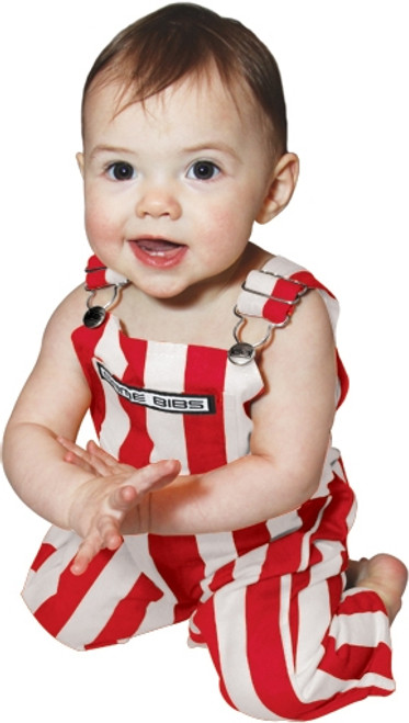 A baby wearing striped red & white infant game bib overalls