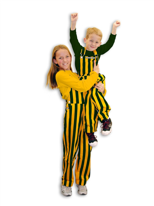Two kids wearing striped green & yellow youth game bib overalls.