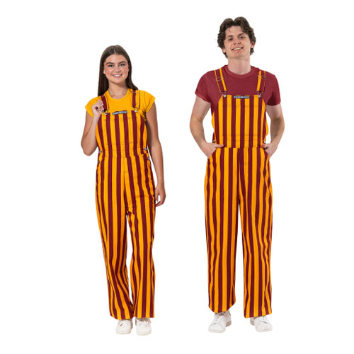 Couple displaying their vibrant gold and deep red striped game bibs for college tailgating events.