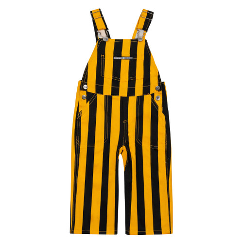 Black and yellow striped infant Game Bibs overalls, front view, with adjustable shoulder straps, bib pocket and Game Bibs logo.