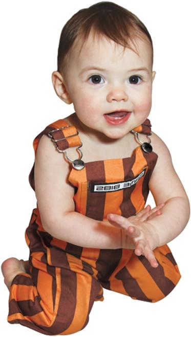 A baby in striped maroon & orange infant game bib overalls.