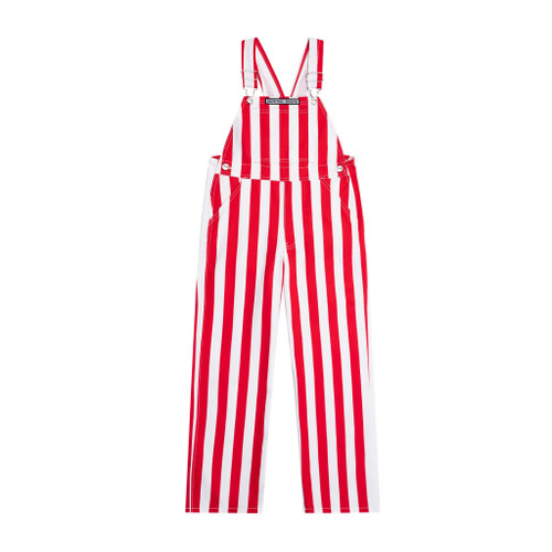 Red and white striped youth Game Bibs overalls, front view, with adjustable shoulder straps, bib pocket and Game Bibs logo.