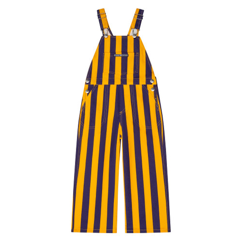 Purple and yellow striped toddler Game Bibs overalls with adjustable straps, front bib pocket and Game Bibs logo.