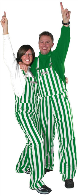 A man and woman wearing striped Kelly Green & White game bib overalls.