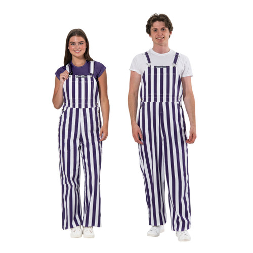 Sports fan apparel featuring male and female models in purple and white game bibs.