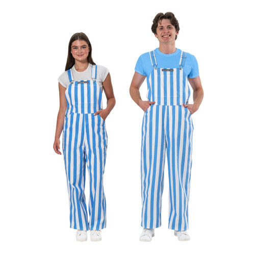 Sports fan apparel featuring flat light blue and white striped overalls with two buttons.