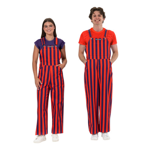 Fan wearing purple and orange striped bib overalls with adjustable straps and pockets