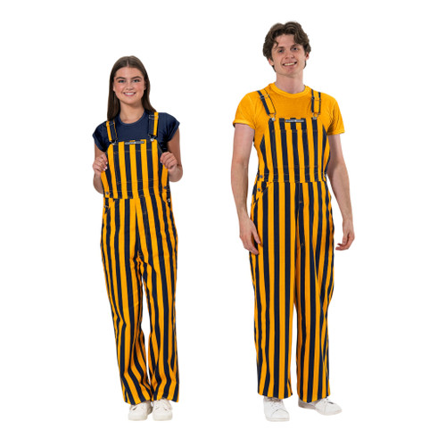 Male and female models showing off their striped navy blue and yellow game bibs for tailgating fun.