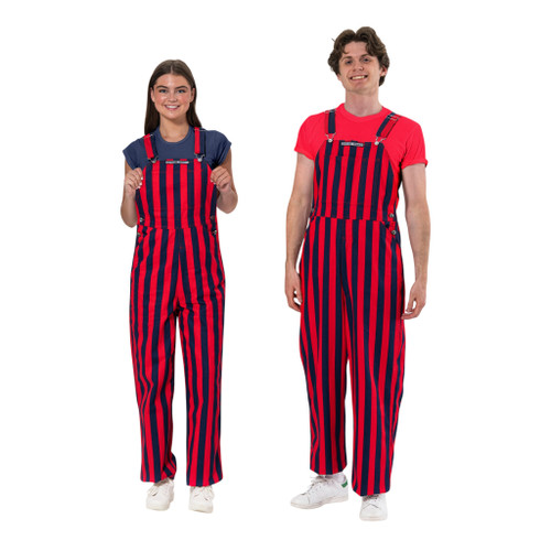 Men's and women's navy blue and red striped game bibs, perfect sports fan apparel.