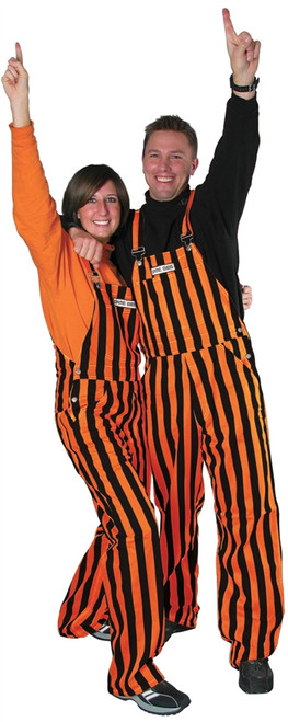 Man and woman wearing striped orange & black game bib overalls