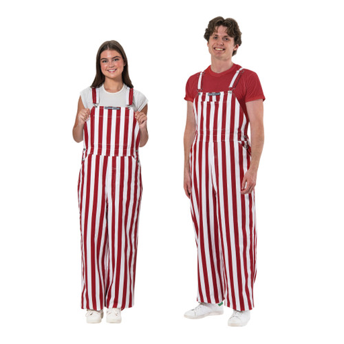 Front view of two fans wearing crimson and white striped game bibs for game day tailgating.