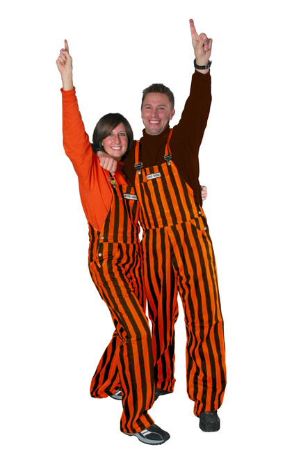 Man and woman wearing striped brown and orange adult game bibs