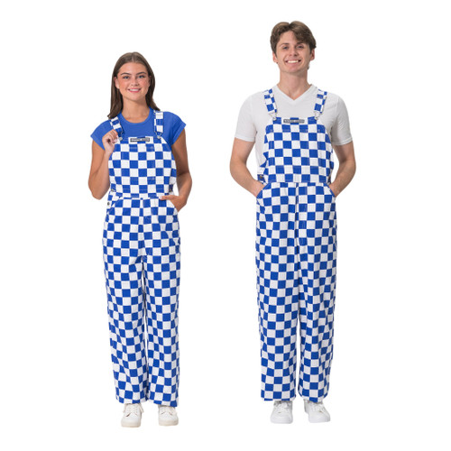 Male and female models standing side-by-side in royal blue and white checkered overalls.