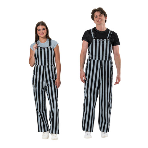 Striped black and silver game bibs on models, the ultimate tailgating sports fan apparel.