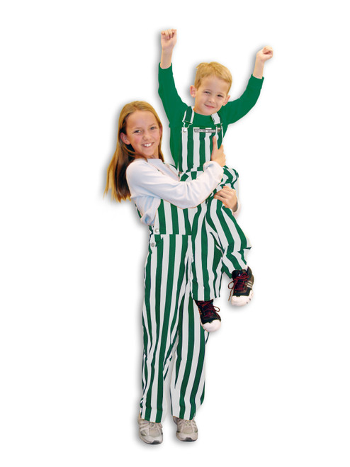 Two kids wearing striped Kelly Green & White youth game bib overalls.