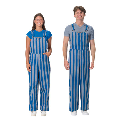 Male and female models standing side-by-side while wearing matching blue and silver striped overalls.
