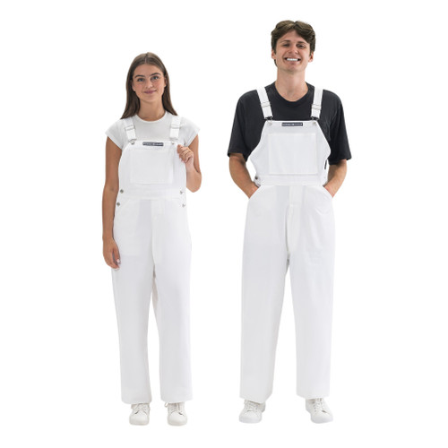 Male and female models standing together showcasing matching solid white game bib overalls.