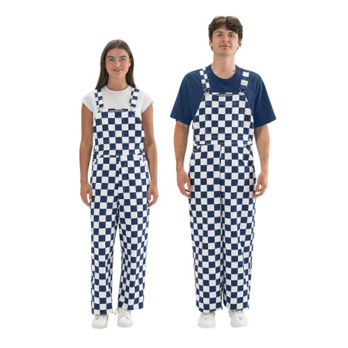 Male and female models standing side-by-side while wearing matching navy blue and white checkered overalls.