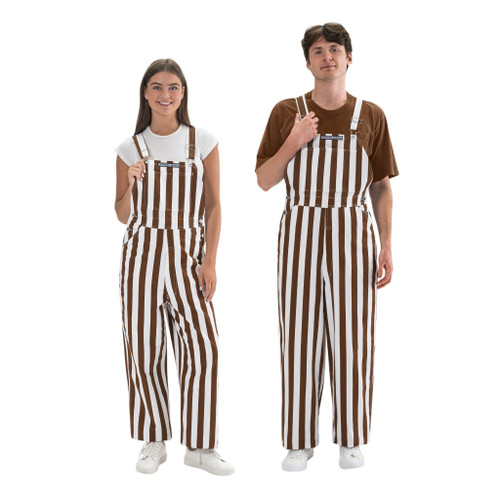 Male and female models standing side-by-side while wearing matching brown and white striped overalls.