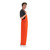 Side view of a male fan in solid orange overalls, hand on chest strap.
