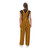 Rear view of a female fan standing in brown and gold striped overalls.