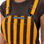 Side pocket detail on brown and gold striped game bibs featuring exactly two buttons.