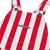 Close-up of red and white striped toddler Game Bibs overalls showing the front bib pocket, Game Bibs logo and metal strap buckles.