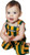 A baby in stripped green & yellow infant game bib overalls.