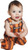 Close-up of maroon and orange striped infant bib overalls with adjustable straps.