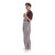 Profile angle of sports fan apparel showing maroon and white striped overalls.