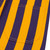 Purple and yellow striped toddler Game Bibs overalls rear pocket detail with reinforced stitching.