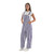 Female model wearing purple and white striped game bibs for tailgating, angled view.