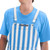 Light blue and white striped overalls hip detail, perfect durable tailgating apparel.