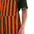 Side opening detail on green and orange striped game bibs featuring a two-button closure design.