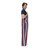 Side view of a male model wearing patriotic USA red, white, and blue star overalls with two side buttons.