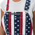 Front bib detail of USA red, white, and blue star overalls, high-quality patriotic fan apparel.