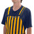 Close-up shot of the front bib section and logo patch on navy blue and yellow striped overalls.