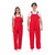 Front view of a man and woman smiling and modeling solid red Game Bibs overalls. Perfect for team sports game days or comfortable off-season Santa Claus wear.