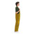 Side view of a man wearing green and yellow striped fan overalls, showcasing the relaxed fit and leg striping.