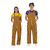 A man and woman smiling while wearing matching Game Bibs purple and gold striped overalls, ideal for team tailgating and sports events.
