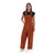 Orange and black striped game day overalls worn by a smiling female sports fan.