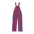 Front full view of royal blue and orange striped game bibs laid flat with a two-button waist.
