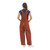 Back view of navy blue and orange striped tailgating overalls for game day fan apparel.